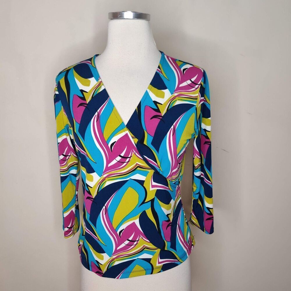 Evan Picone Faux Wrap Top Abstract Floral Bright Mod Funky